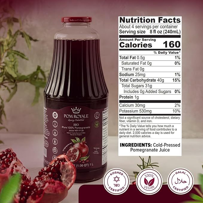 Pure Pomegranate Juice with Pulp 33.8oz Glass Bottle (Pack of 4) Cold Pressed Juice Not from Concentrate Non-GMO No Sugar Added Gluten Free Kosher Certified Preservative Free