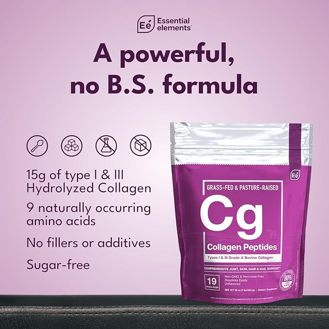 Essential Elements Hydrolyzed Collagen Powder - Joint Skin Hair and Nail Support | Types I &amp III Peptides | Preservative-Free Grass-Fed Hormone-Free Dissolves Easily (2-Pack)