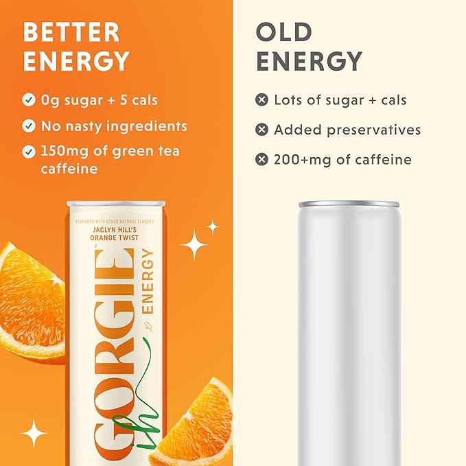 GORGIE Sugar Free Natural Energy Drinks Jaclyn Hill Orange Twist (12 Pack) Healthy Sparkling Energy Drinks Natural Coffee Replacement with Green Tea Caffeine and Biotin Vegan Low Calorie