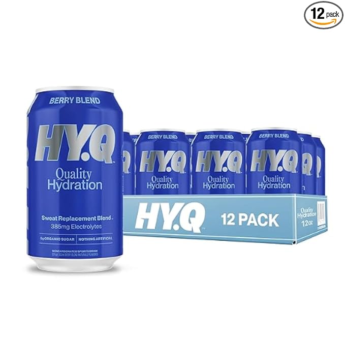 HY.Q Hydration Drink Berry Blend 12 fl oz (12-Pack) Canned Sports Drink Quality Ingredients for Hydration Sweat Replacement Electrolytes Non-Carbonated Flavored Electrolyte Beverage