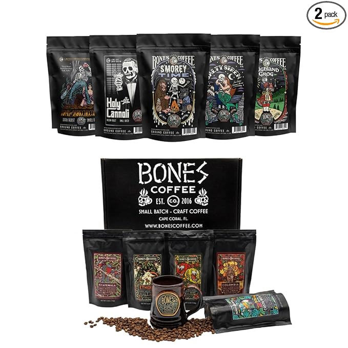 Bones Coffee Company NEW World Tour Bundle with Specialty Mug and Favorite Flavors Sample Pack | Ground Coffee Beans Bundle