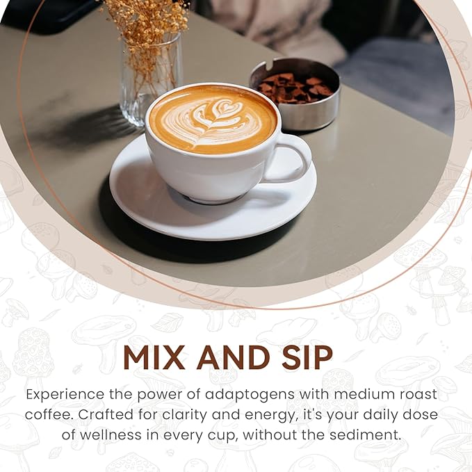 Mushroom Coffee 6 Adaptogenic Mushrooms USDA Organic Instant Coffee MCT Oil USA Grown Better Energy Focus Digestion Immunity Cordyceps Lion’s Mane Turkey Tail 30 servings (6.35 Oz / 180g)