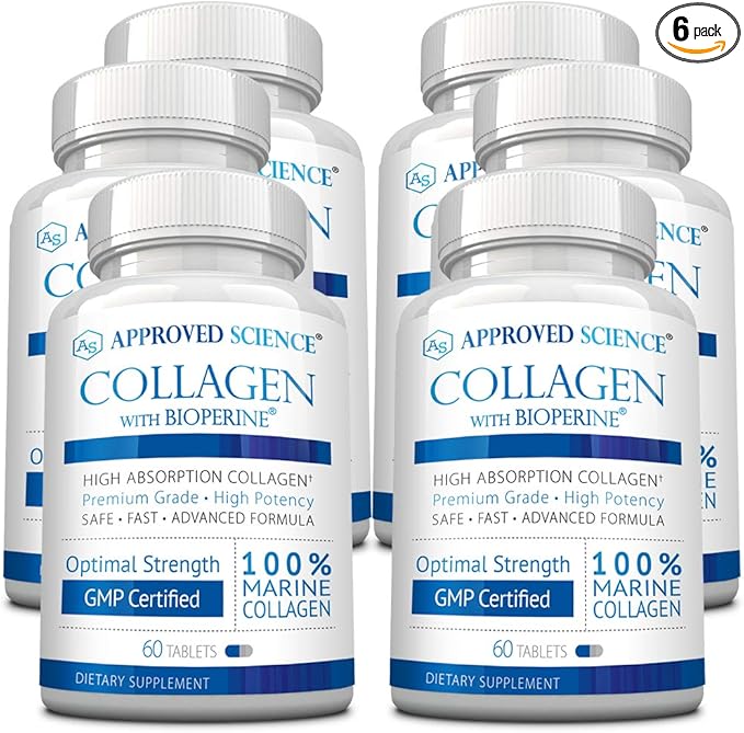 Approved Science Collagen Pills - Absorbable Marine Collagen Types I and III - 360 Tablets - Healthy Hair and Skin - Vitamin C Sodium and Bioperine for Fast Results - Non-GMO Made in USA