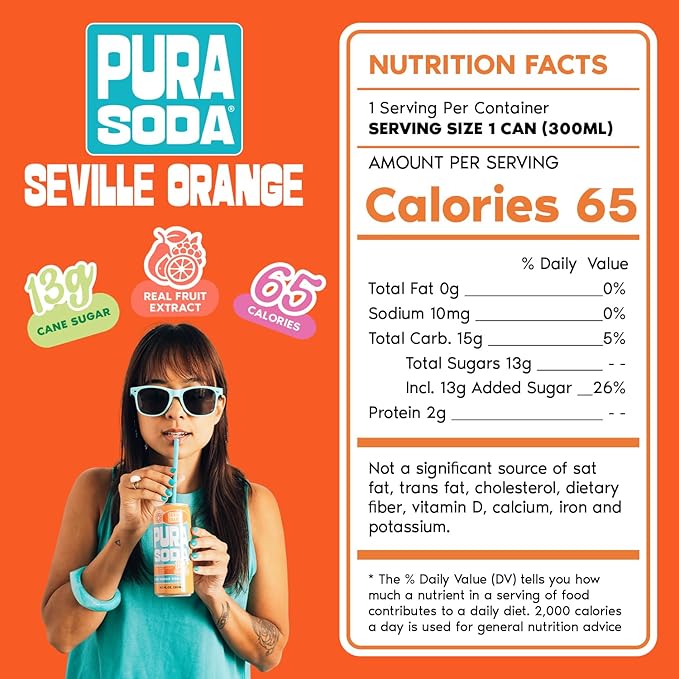 PuraSoda® Seville Orange | 65 Calories &amp 13g Pure Cane Sugar per Can | Non-GMO Vegan | Made with Pure Cane Sugar Clean &amp Refreshing | 10 fl oz (300ml) Cans Pack of 24