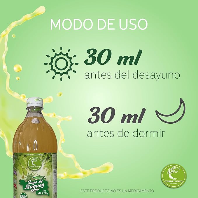 Maguey Juice with Aloe Vera 100% Natural Verde Santo | 1 Liter Bottle | Functional Plant-Based Drink | No Sugar | No Alcohol | Product of Mexico
