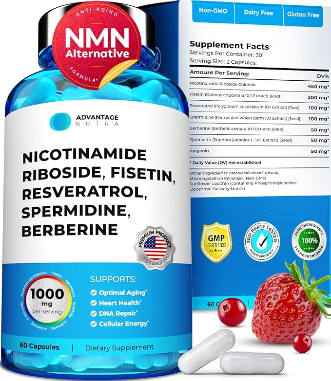 Liposomal Nicotinamide Riboside NR Supplement Resveratrol NAD : Nicotinamide 500mg w/Fisetin Resveratrol Powder Spermidine Berberine NAD Resveratrol Supplement 500 mg - 60 caps 1 Pack