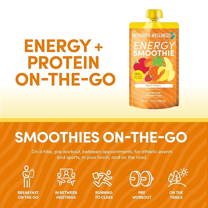 Designer Wellness Energy Smoothie Real Fruit 100mg Natural Caffeine 5g Protein Low Carb Zero Added Sugar Gluten-Free Fruit Punch 12 Count