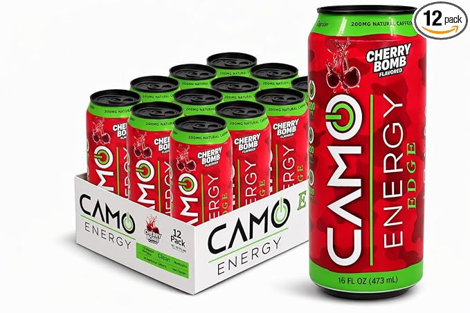 CAMO Energy Edge Cherry Bomb Energy Drink 16oz Cans 12 Pack Ultra Premium Caffeine Blend with Infinergy® DiCaffeine Malate Cognizin® Citicoline for Cognitive Fitness Zero Sugar
