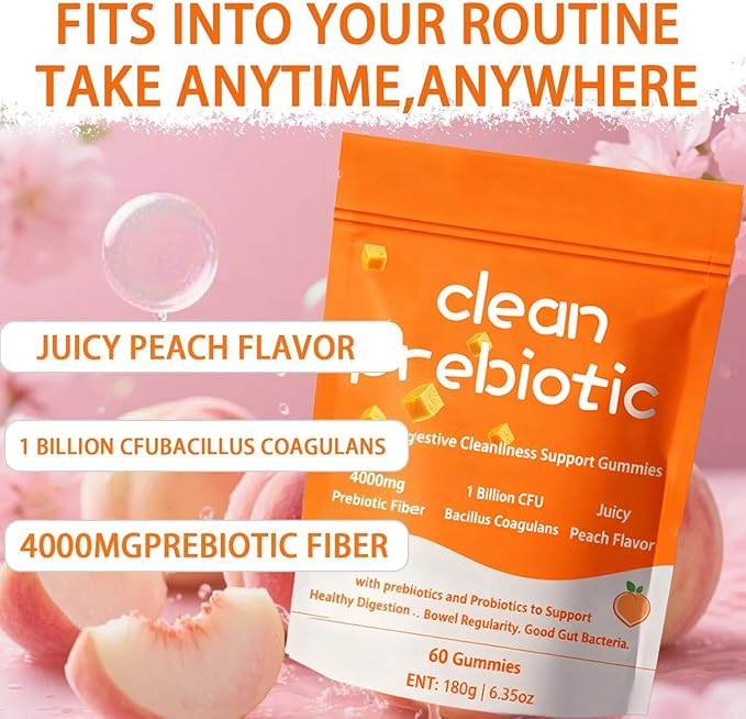 Clean Prebiotic Fiber Gummies for Men Peach FlavorPre+Probiotic Fiber GummiesMen's Digestive Cleaning Support GummyMen Prebiotic Supplement for Digestive Gut Health60 Gummy