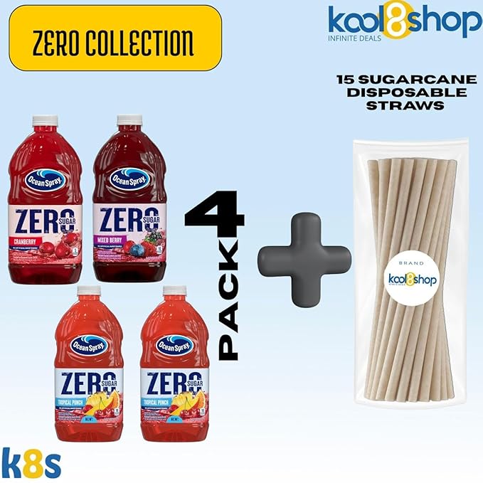 Ocean Spray Zero Sugar Zero Collection Fruit Juice Drink 64 fl oz 4 Pack + 15 Sugarcane Disposable Straws by KOOL8SHOP Infinite Deals
