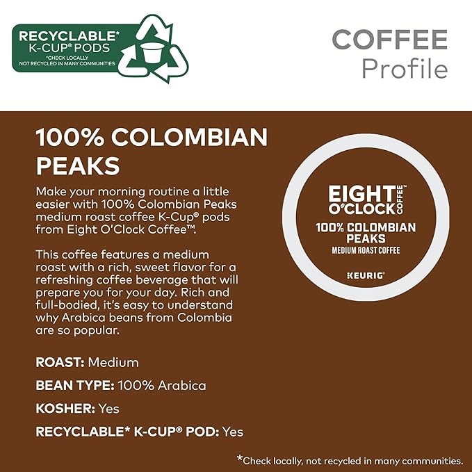 Eight O'Clock Coffee Colombian Peaks Single-Serve Keurig K-Cup Pods Medium Roast Coffee Pods 96 Count