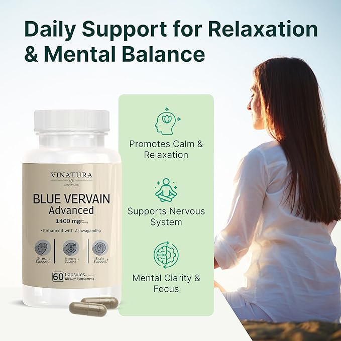 VINATURA Blue Vervain Advanced with Ashwagandha - 1400mg per serv Blue Vervain Capsules Blue Vervain Tea Alternative Brain Health Stress Relief Ashwagandha Supplements - 60 Capsules