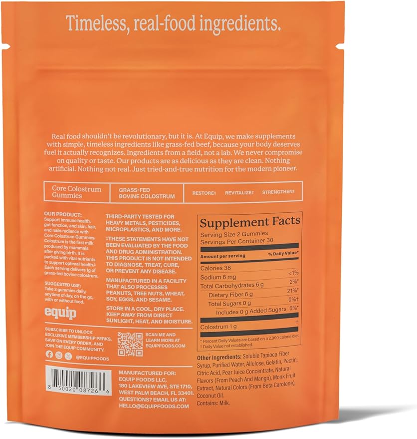Equip Foods Core Bovine Colostrum Gummies Delicious 1g Per Seving Grass Fed Colostrum Supplement - Gut Health Immunity Recovery Hair &amp Skin - 60 Bovine Colostrum Gummies 30 Servings Peach Ma