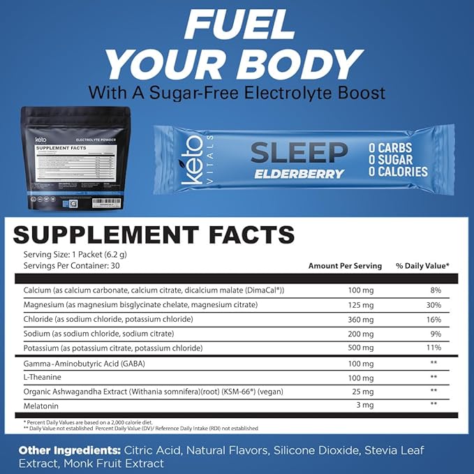 Keto Vitals Sleep Drink Electrolyte Sleep Powder Packets - Fast-Acting Sleep Blend of Melatonin 3mg GABA L-Theanine &amp Ashwagandha - Elderberry 30 Count