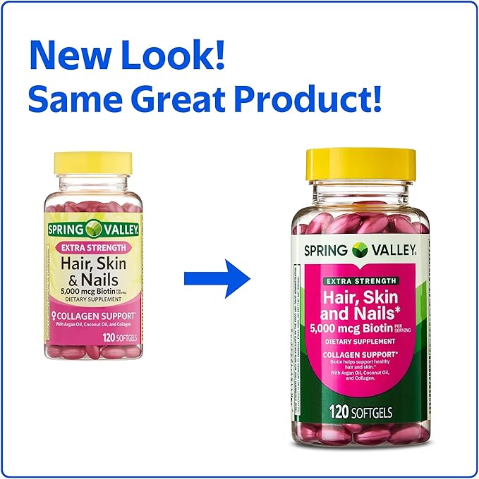 SUREFECT Spring Valley Extra Strength Hair Skin &amp Nails Collagen Support Softgels 5000 mcg Biotin 120 Count + Organizer