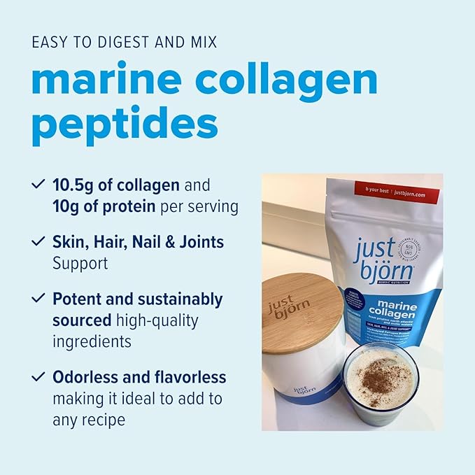 Just Bjorn Marine Collagen Peptides Starter Kit - Collagen Powder for Women &amp Men - Skin Hair Nail &amp Joint Support - Hyaluronic Acid Vitamin C Amino Acids - Unflavored (90 Servings)