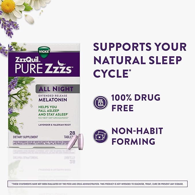 ZzzQuil Pure Zzzs All Night Extended Release Melatonin Sleep Aid Tablets Helps You Stay Asleep Longer Sleep Aid for Adults 2 mg per Tablet 56 Total Tablets (2 Packs of 28)