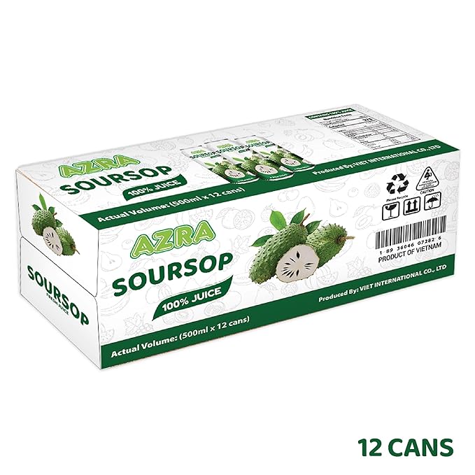 AZRA 100% Soursop Juice – 500ml Cans Exotic Fruit Juice Beverages – Zero Sugar Drinks Healthy Soursop Drink for Kids and Adults – Bulk 100% Juice Pack 12 Count