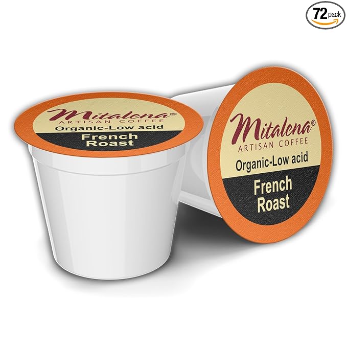 Mitalena French Roast Organic Coffee Pods - Dark Roast Low Acid Coffee for Keurig K-cup 72 Cups