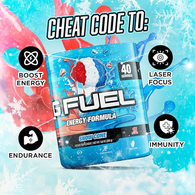 G Fuel Snow Cone Energy Drink Powder Pre Workout Caffeine Mix for Gaming Sugar Free Focus Amino Vitamin + Antioxidants 9.9oz (Snow Cone 40 Servings)