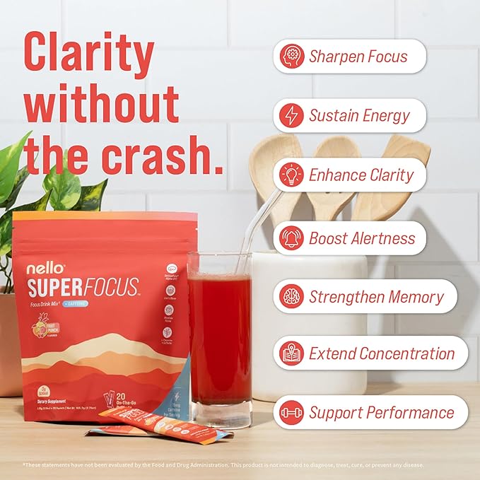 Nello Superfocus – Nootropic Focus Drink Mix for Productivity Caffeine L-Theanine Rhodiola Rosea Alpha-GPC Lion’s Mane Tyrosine Sugar-Free Packets - With Caffeine (Pack of 20) (20 Servings (Caf