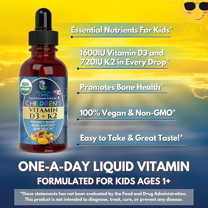 USDA Organic Vitamin D3 K2 Liquid Drops | Vitamin D3 K2 Supplement for Kids &amp Toddlers Ages 1+ | Kids Supplement for Calcium Absorption Strong Bones | Vegan Non-GMO | 2 Fl Oz