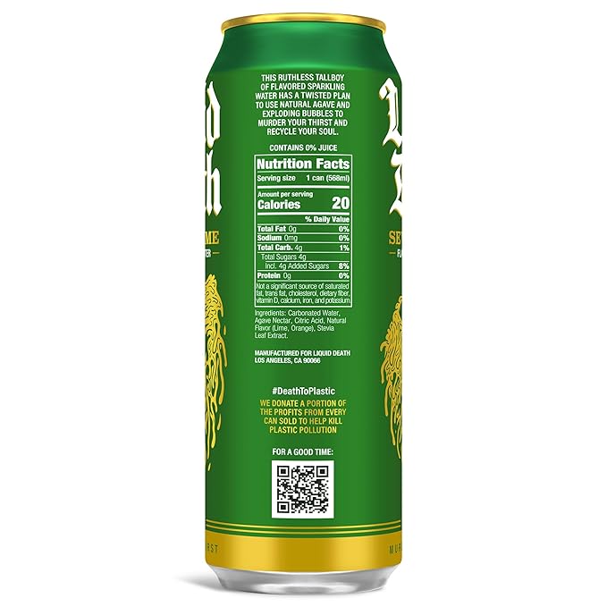Liquid Death Soda-Flavored Sparkling Water - Severed Lime (Classic Lime Soda) Less Sugar* Huge Flavor No Artificial Sweeteners King Size 19.2 Fl Oz (Pack of 12)