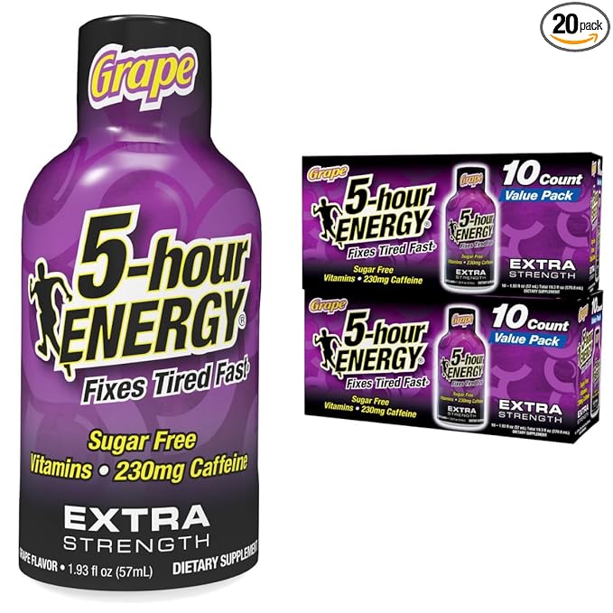 5-hour ENERGY Extra Strength Grape Energy Shot 1.93oz 20-Pack – Sugar Free Caffeine Energy Booster with B-Vitamins &amp Amino Acids – Zero Calorie