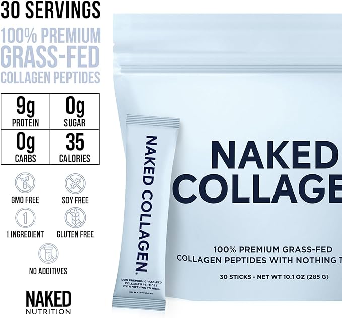 NAKED Collagen Stick Packs - Pasture-Raised Unflavored Grass-Fed Hydrolyzed Collagen Travel Pack Paleo Friendly Non-GMO Keto Gluten Free 30 Sachets