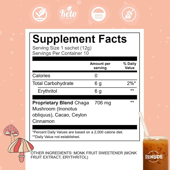 Renude Chagaccino - Chaga Mushroom Powder Mushroom Coffee Drink Mix with Adaptogens Natural Energy and Immune Support Vegan Keto Zero Calorie Mushroom Blend Powder - 10 Servings