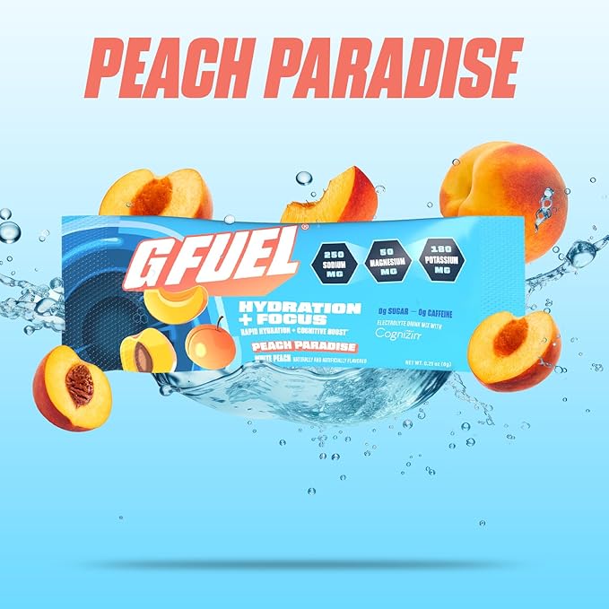 G Fuel Electrolytes Powder for Instant Hydration and Focus | Sugar Free Peach Flavor Electrolyte and Nootropic Drink Mix to Sharpen Mental Focus 20 Servings