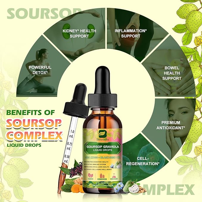 Soursop Bitters Liquid Drops with Irish Sea Moss Black Seed Oil Soursop Graviola Leaves Extract - Multivitamin Complex Supports Antioxidant Slowing Cell-Aging Gut Cleanse Detox &amp Immunity Hea