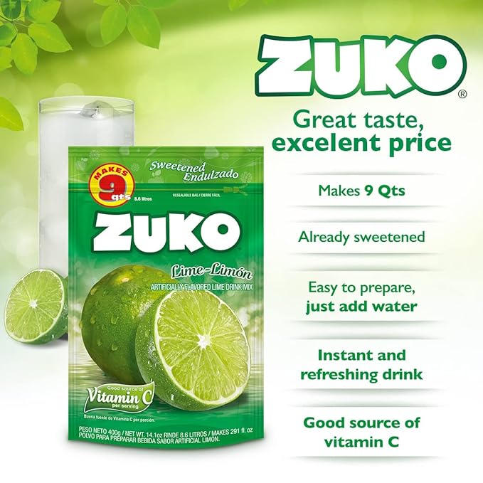 ZUKO Lime Instant Powder Drink Family Pack No Sugar Needed Vitamin C 14.1 Oz (Pack of 6)