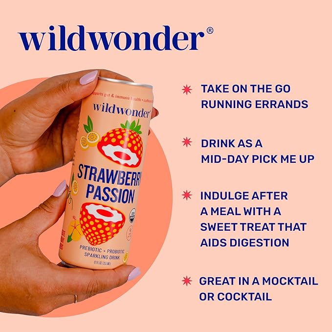 wildwonder Sparkling Probiotic Drink 12pk For Gut Health &amp Immune Support Strawberry Passion 5g Prebiotic Fiber Live Probiotics Organic Vegan Low Sugar 12 Pack 12oz Can As Seen on Shark