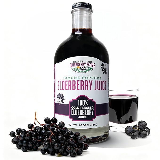 Heartland Elderberry Farms 100% Cold-Pressed Elderberry Juice Pure Organic - Immune Support No Additives - Natural Wellness Rich in Nutrients 26oz (750 ml) Glass Bottle