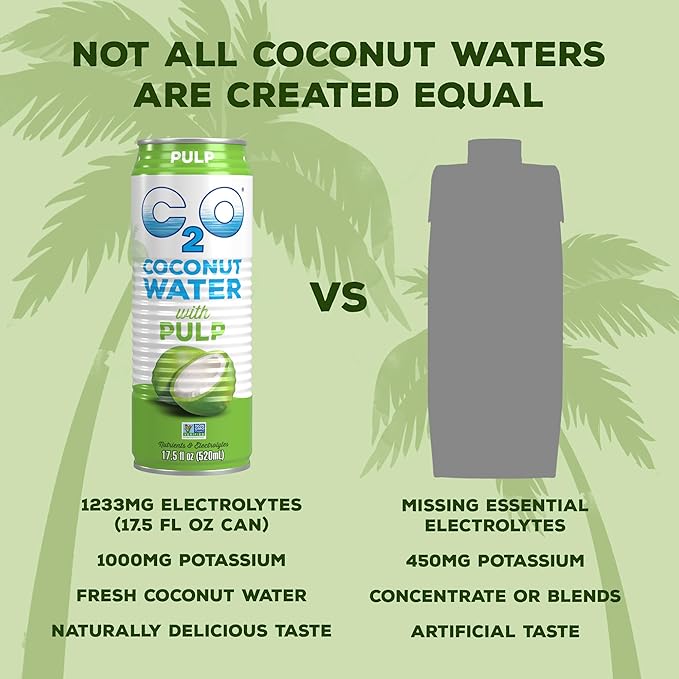 C2O - Coconut Water with Pulp (12 Pack) - Made with Fresh Coconut Water - Plant Based - Non GMO - Canned Water - Natural Hydration Essential Electrolytes &amp Potassium - 12 Cans 17.5 FL OZ