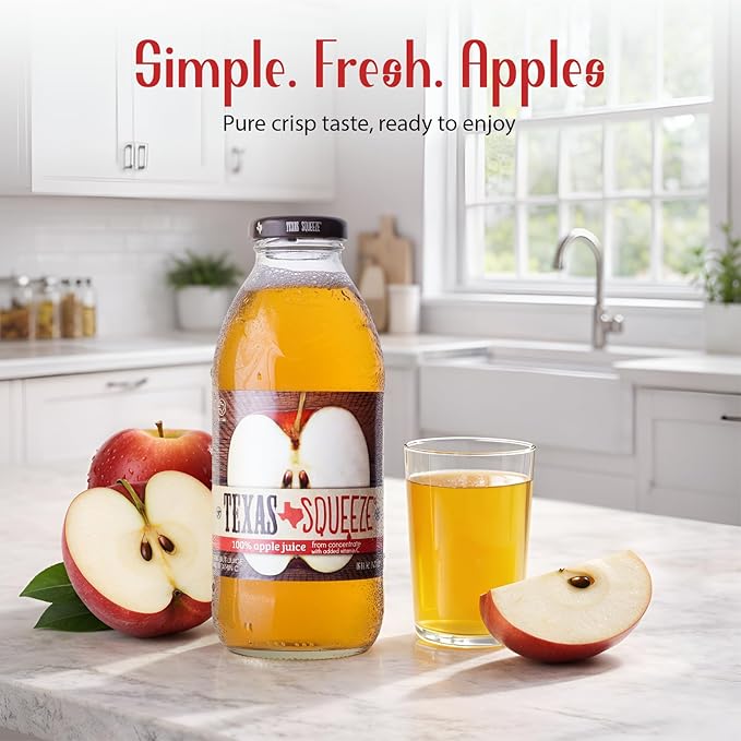 Texas Squeeze Apple Juice NON GMO Verified Bottled in Texas Apple Juice from Concentrate No Sugar Added No Preservatives 16 fl oz Pack of 12