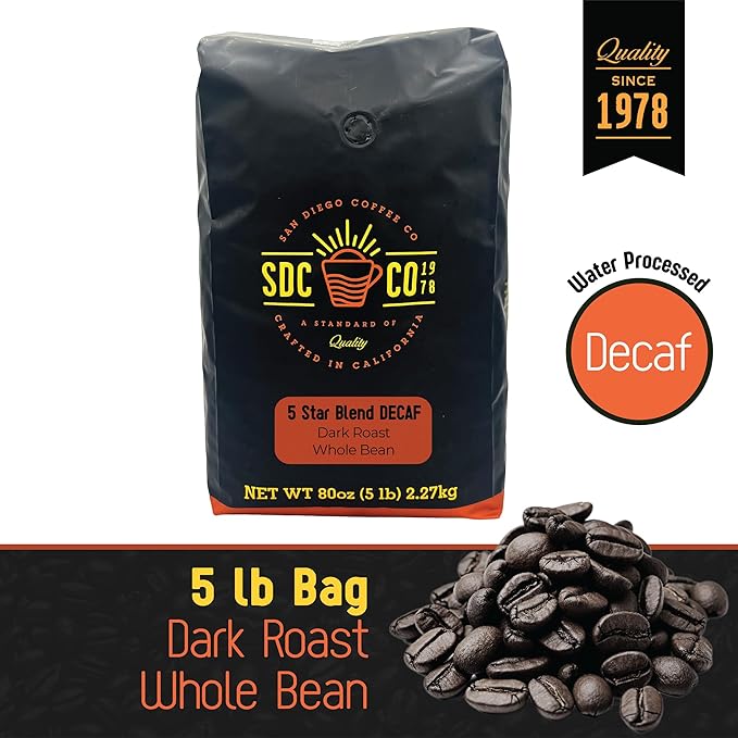 San Diego Coffee 5 Star Blend DECAF Dark Roast Whole Bean Coffee 5-Pound Bag Café en grano tostado descafeinado