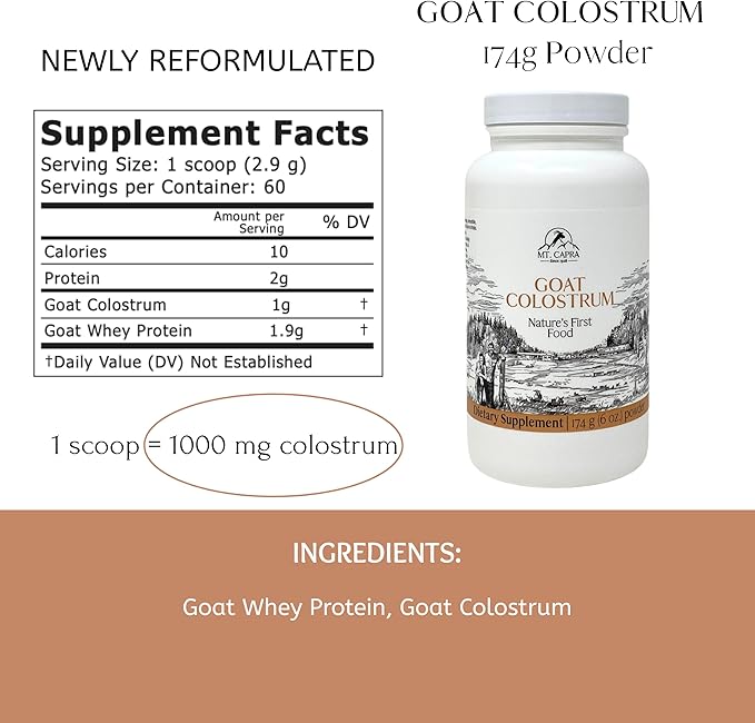 Mt. Capra Goat Colostrum | for Healthy Immune System Gut and Athletic Performance | Grass-Fed High in Immunoglobulins | 60 Servings - 174 Grams
