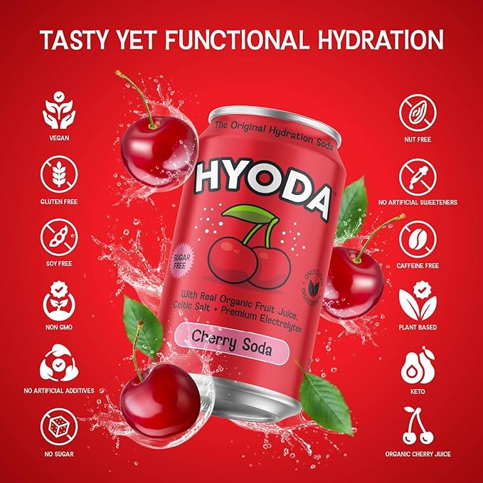 HYODA Cherry Soda Gluten Free and Vegan Sparkling Electrolyte Drink Made with Organic Cherry Juice Celtic Salt and Calcium Keto Zero Sugar Plant Based Caffeine Free 12 FL OZ Cans 12 Pack