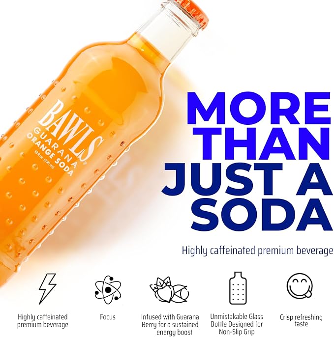 BAWLS Guarana Mandarin Orange BAWLS Guarana Drink Guarana Soda Guarana Fueled Soda for Energy High Energy Caffeinated Drink 10oz 12 Pack Glass Bottles