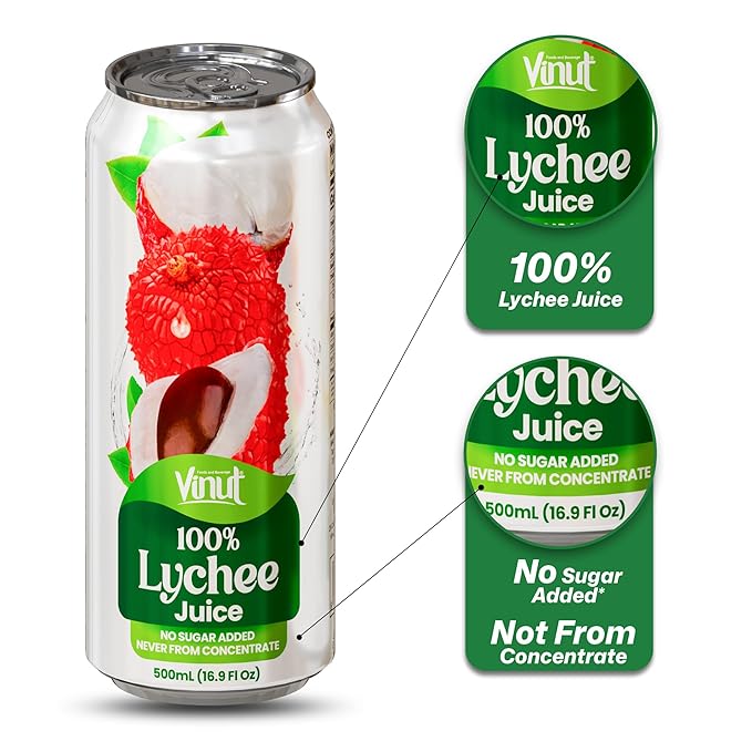 VINUT 100% Lychee Juice No Added Sugar Not From Concentrate 16.9 fl oz (500 mL) Can Pack of 6