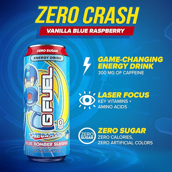 G Fuel Energy Drink Blue Raspberry Sugar Free Beverage with 300mg Caffeine Daily Energy Boost with Focus Amino Vitamin + Antioxidants 16 oz Cans (Megaman Blue Bomber 12-Pack)