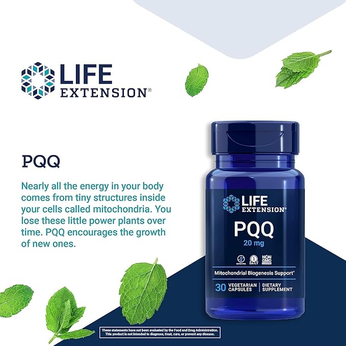 Life Extension PQQ (Pyrroloquinoline Quinone) 20mg Promotes The Growth of New Cellular Mitochondria - Gluten-Free Once-Daily Non-GMO Vegetarian - 30 Vegetarian Capsules (Pack of 2)