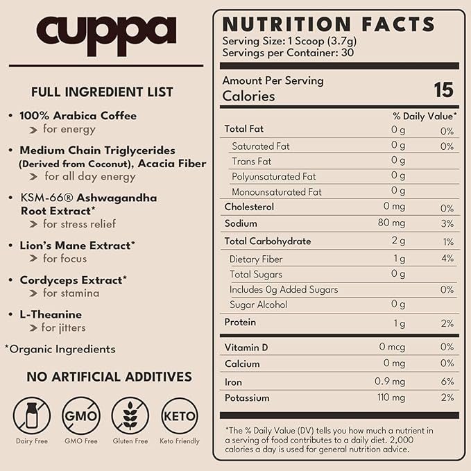 Cuppa Medium Roast Mushroom Coffee with Adaptogens &amp Superfoods - Lion’s Mane Ashwagandha &amp Cordyceps. Adaptogens + MCT to support natural energy mental focus &amp gut health (30 Servings)