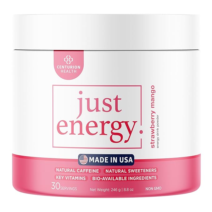Just Energy Drink Powder Refreshing Strawberry Mango Energy Drink Mix with 21 Energy-Boosting Ingredients Includes B Vitamins Choline Zinc Chromium and Inositol 30 Servings
