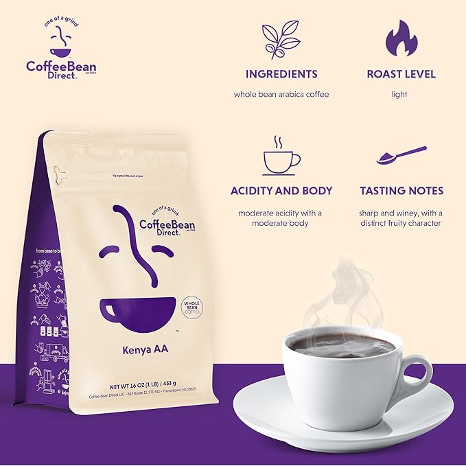 Coffee Bean Direct Kenya AA Whole Bean Coffee Specialty Grade Coffee Light Roast 1 Pound Bag (Pack of 1)