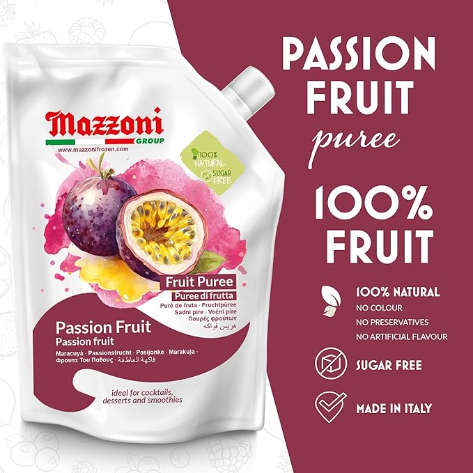 Mazzoni - Passion Fruit Juice Puree 100% Maracuya Just Fruit No Sugar Added 2.2 lbs (35.2 oz) Real Fruit Mixer for Cocktails Smoothies Drinks Fruit Juice Convenient Pouch Made in Italy