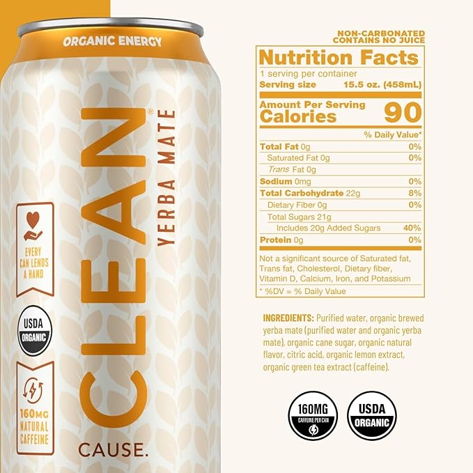 NEW! CLEAN Cause Lemonade &amp Tea and Blueberry USDA Organic Yerba Mate Tea (15.5oz cans 2-12-Pack Case) Non-Carbonated 160mg Caffeine