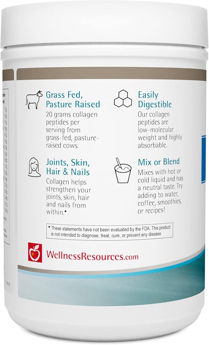 Wellness Resources Collagen Peptides - Pasture Raised Grass Fed 100% Collagen Protein - Hydrolyzed Type I and III Collagen Peptides Powder Unflavored (500 Grams/ 17.6 Ounces)
